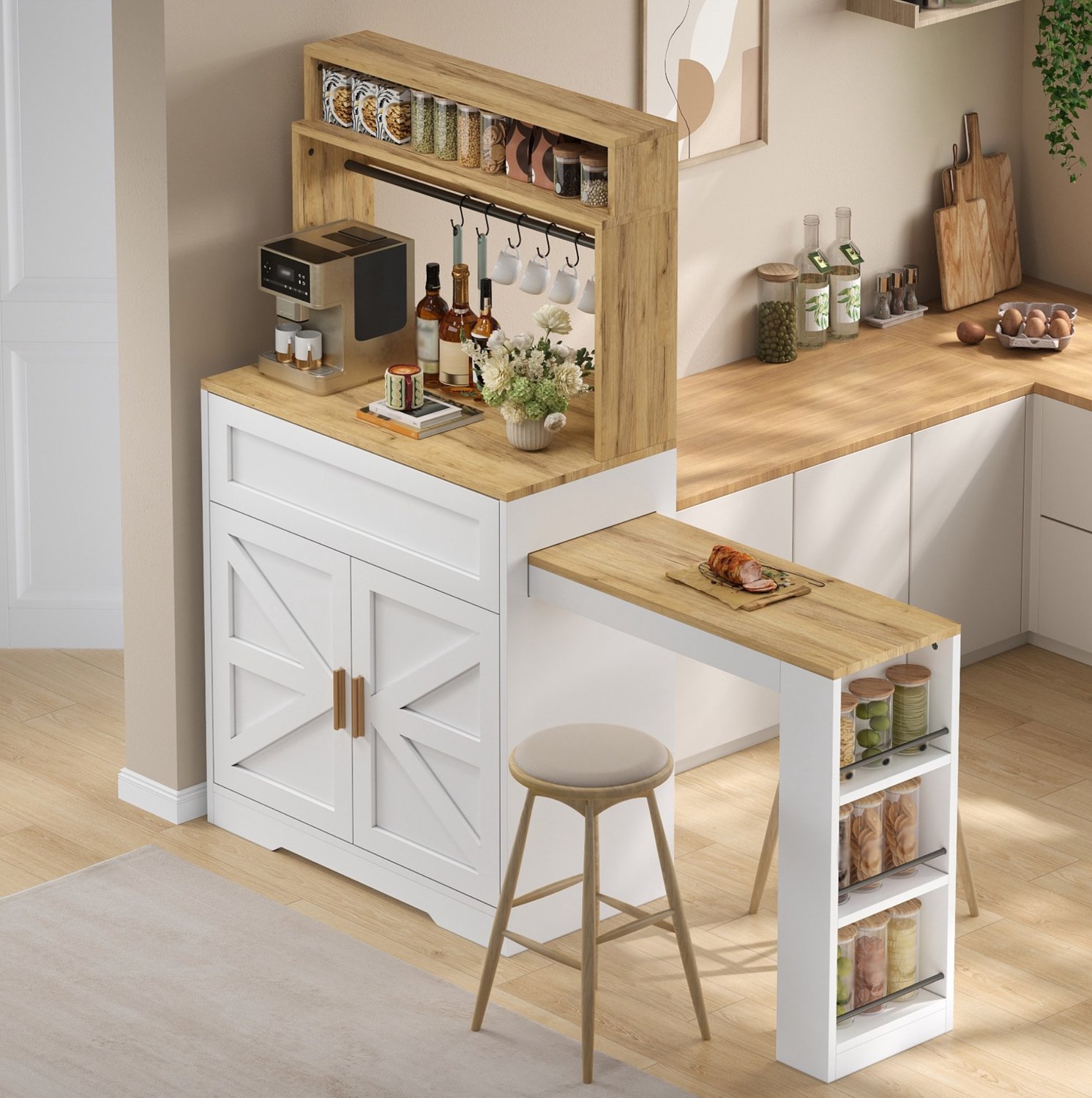OKWISH Keukenkast - Uitschuifbaar Werkblad - Verstelbare Legplanken en Driedelig Zijrek - Voor Keuken en Eetkamer - MDF Wit - 146 x 40 x 142 cm