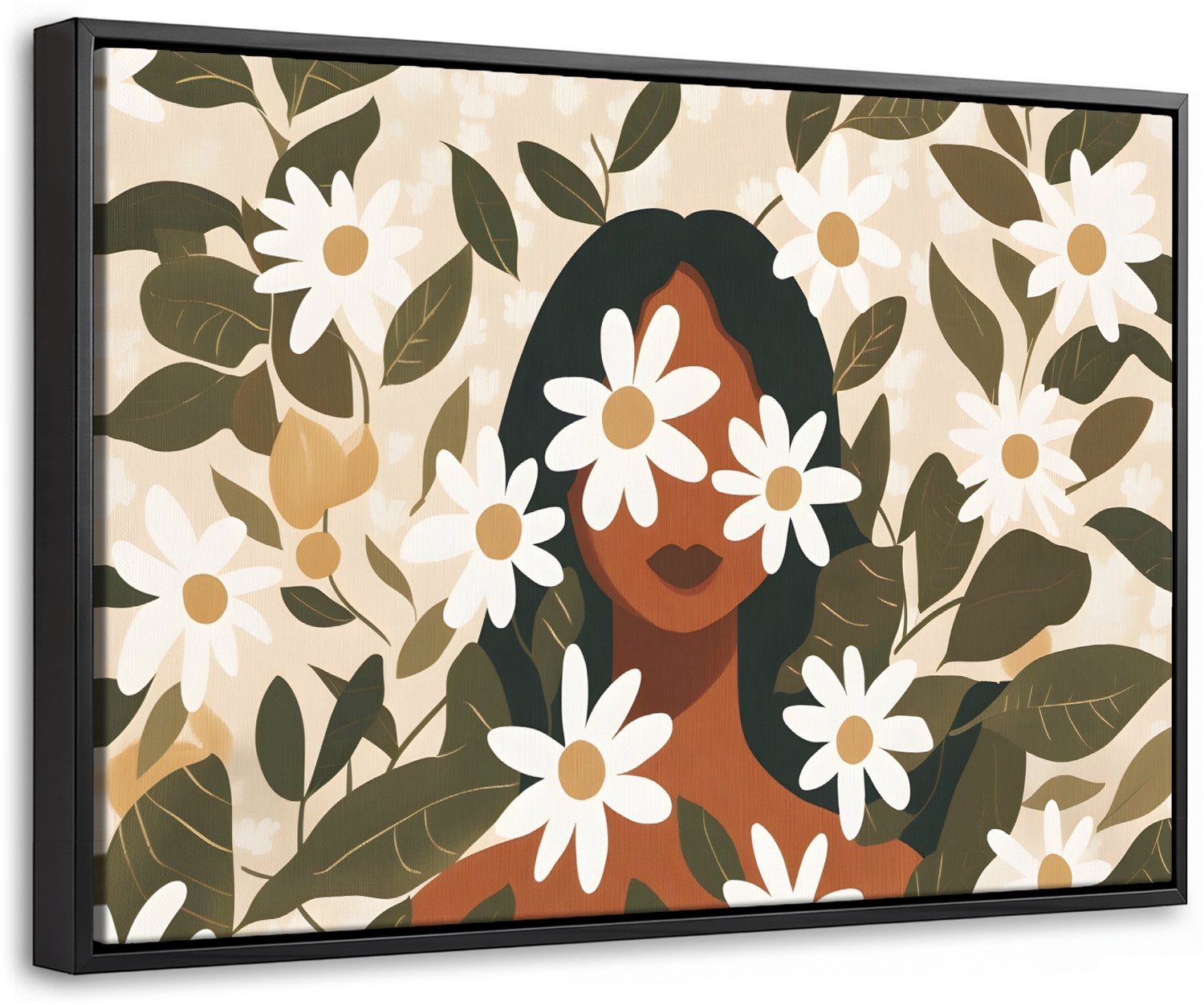 Canvas Schilderij met Baklijst 30x20cm - Illustratie - Vrouw - Madeliefjes - Wit - Muurdecoratie woonkamer - Slaapkamer decoratie - Kamer accessoires - Schilderijen op canvas met lijst
