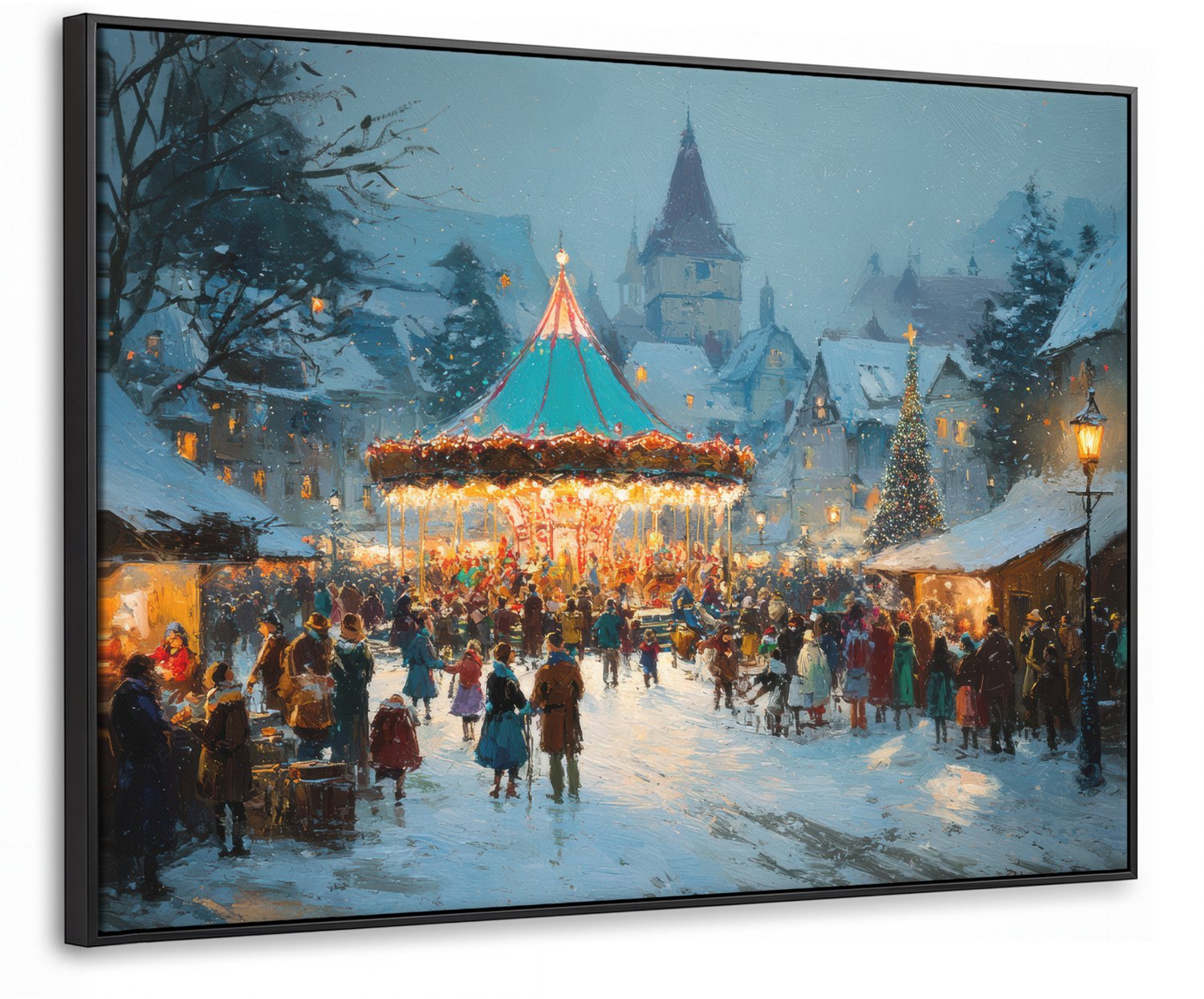 Canvas Schilderij met Baklijst 80x60cm - Winterkermis - Dorp - Kleurrijk - Muurdecoratie woonkamer - Slaapkamer decoratie - Kamer accessoires - Schilderijen op canvas met lijst