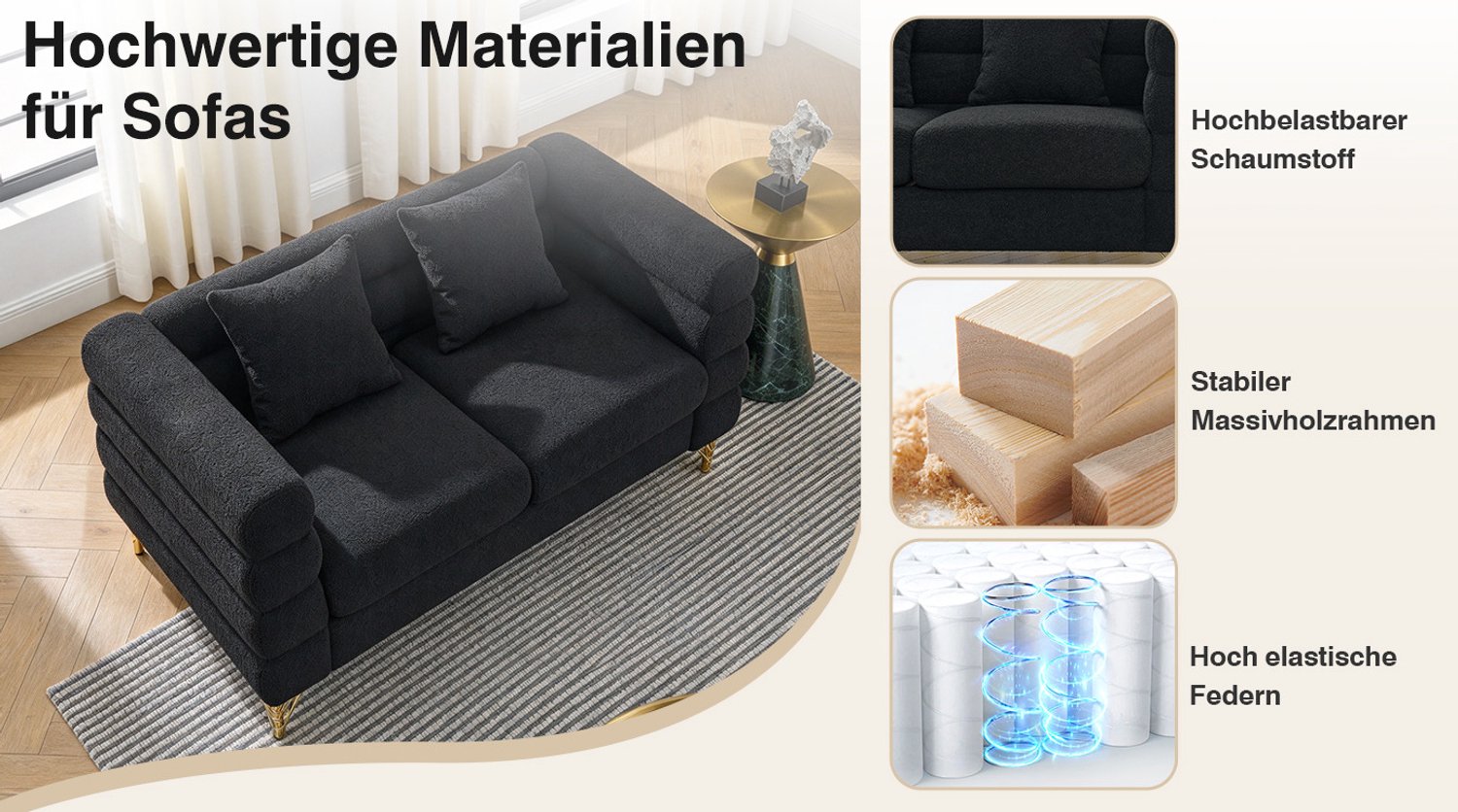 MODENUIT Zitbank 152 x 81 x 71 cm - 2-Zits Met Golvende Rugleuning - Woonkamer - Teddystof - Zwart