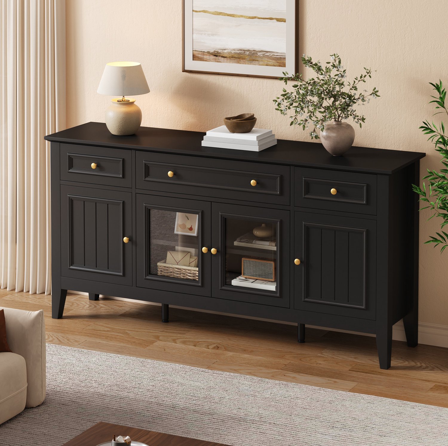OKWISH Dressoir - 3 Laden en 4 Deuren - 2 Glazen Deuren met Ledverlichting via App - Woonkamer en Eetkamer - MDF Zwart - 160 x 40 x 78,5 cm
