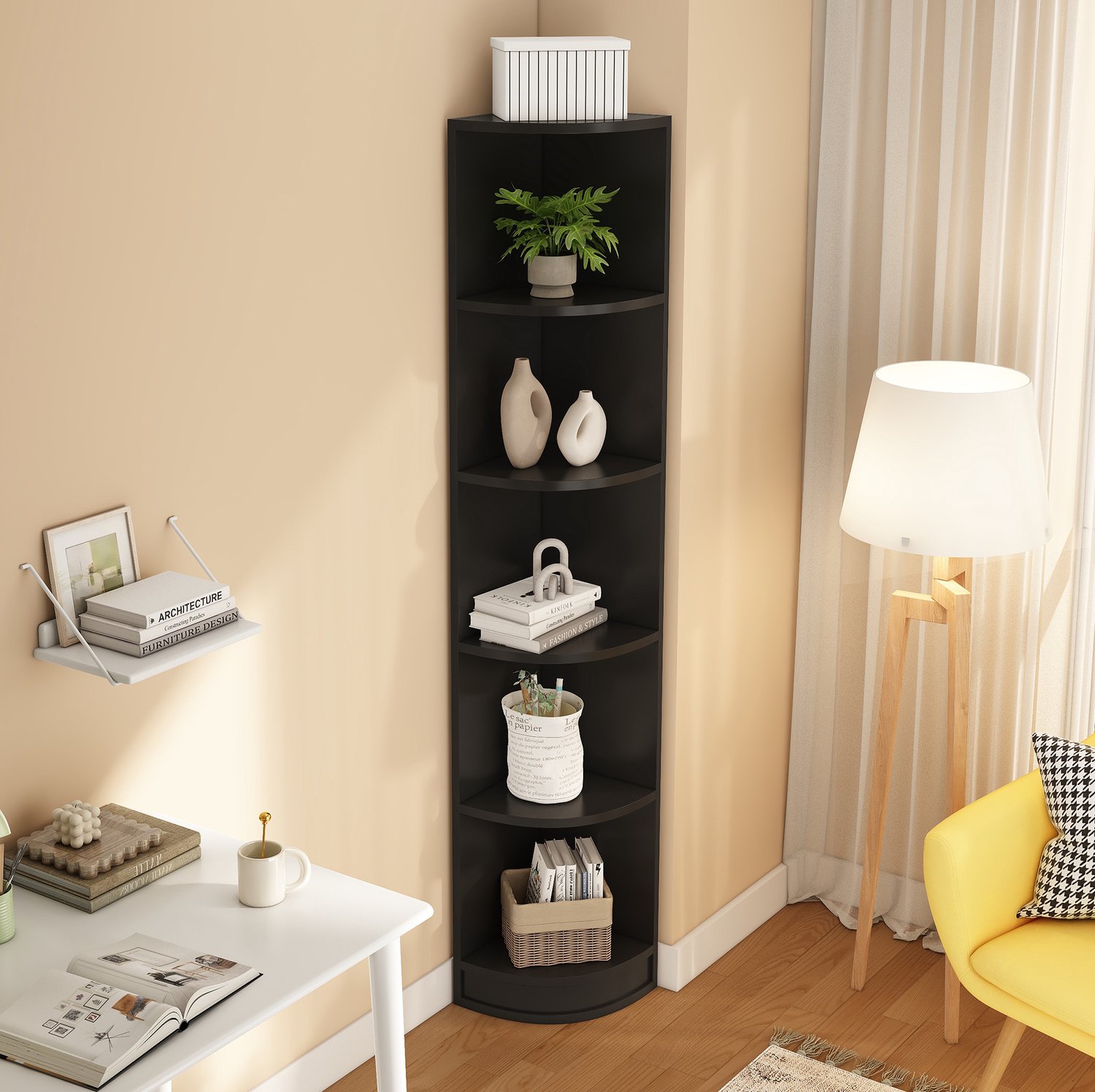 OKWISH Hoekboekenkast - 5 Open Planken - Ruimtebesparend voor Woonkamer en Werkkamer - MDF Zwart - 42 x 30 x 180 cm