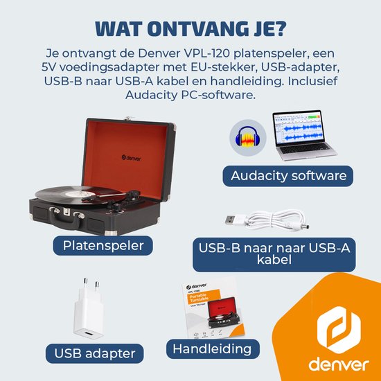 Inhoud Denver VPL-120 pakket: platenspeler, voedingsadapter, USB-kabel en handleiding.