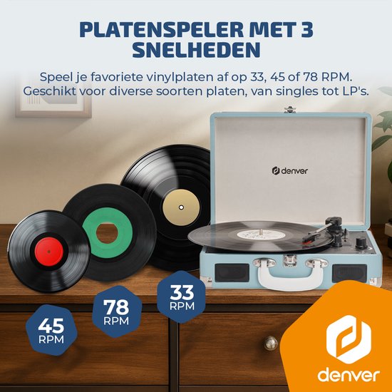 Denver Platenspeler - Ingebouwde Speakers - Incl. PC Software - Auto-stop - Retro - VPL120 - Blauw