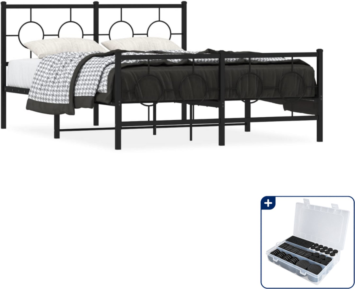vidaXL bedframe - 135 x 190 cm - metaal - zwart - Inclusief antikrasvilt 177-delig