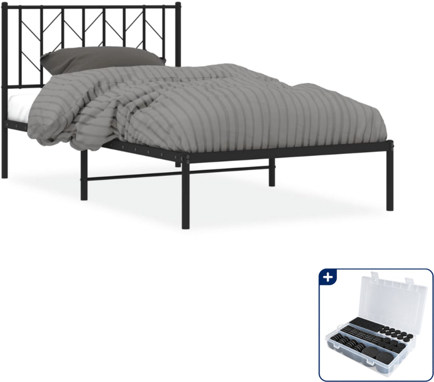 vidaXL bedframe met hoofdbord - 100 x 190 cm - staal - zwart - Inclusief antikrasvilt 177-delig