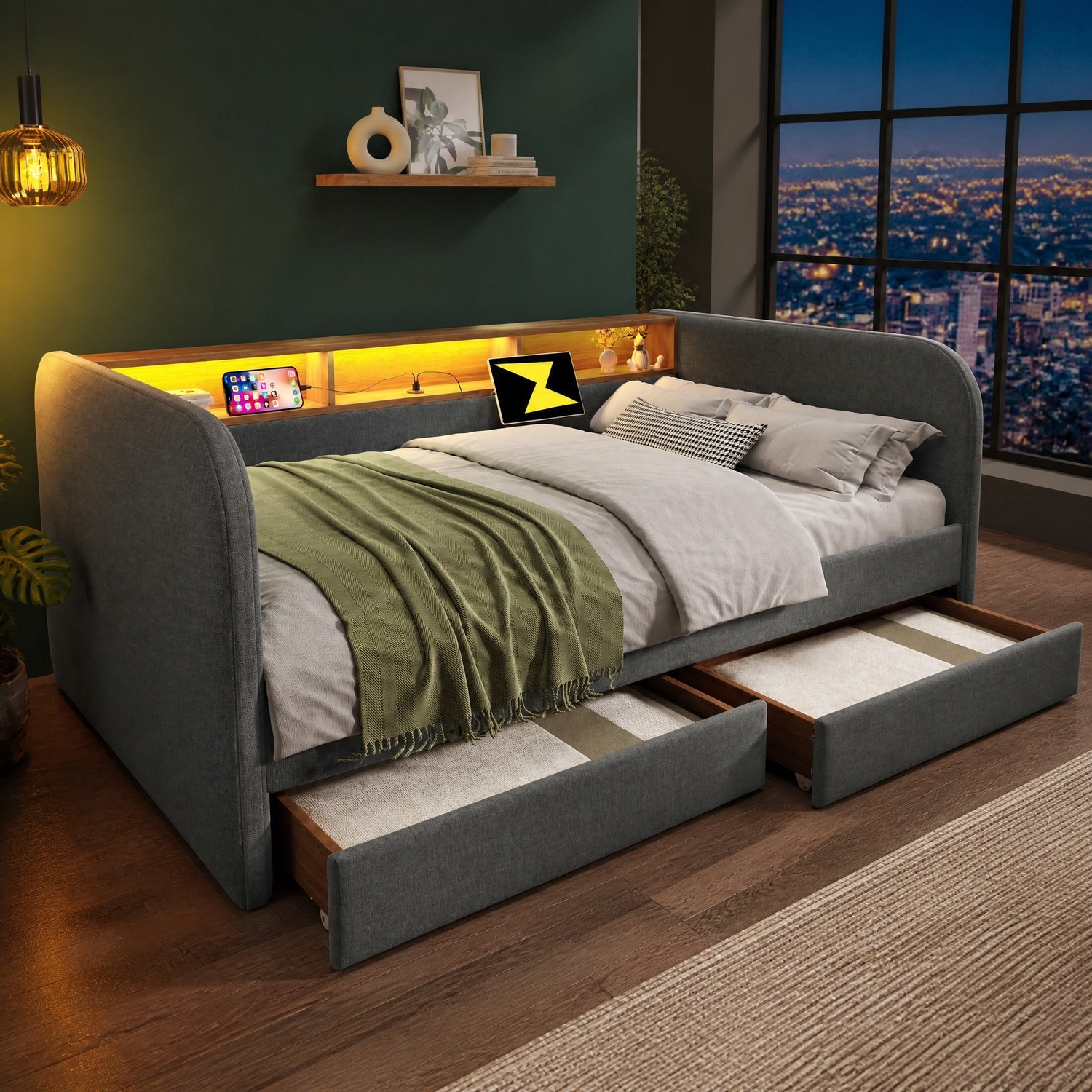 Maisentiel Gestoffeerde bedbank 140 x 190 cm grijs met LED, USB-C en 2 lades