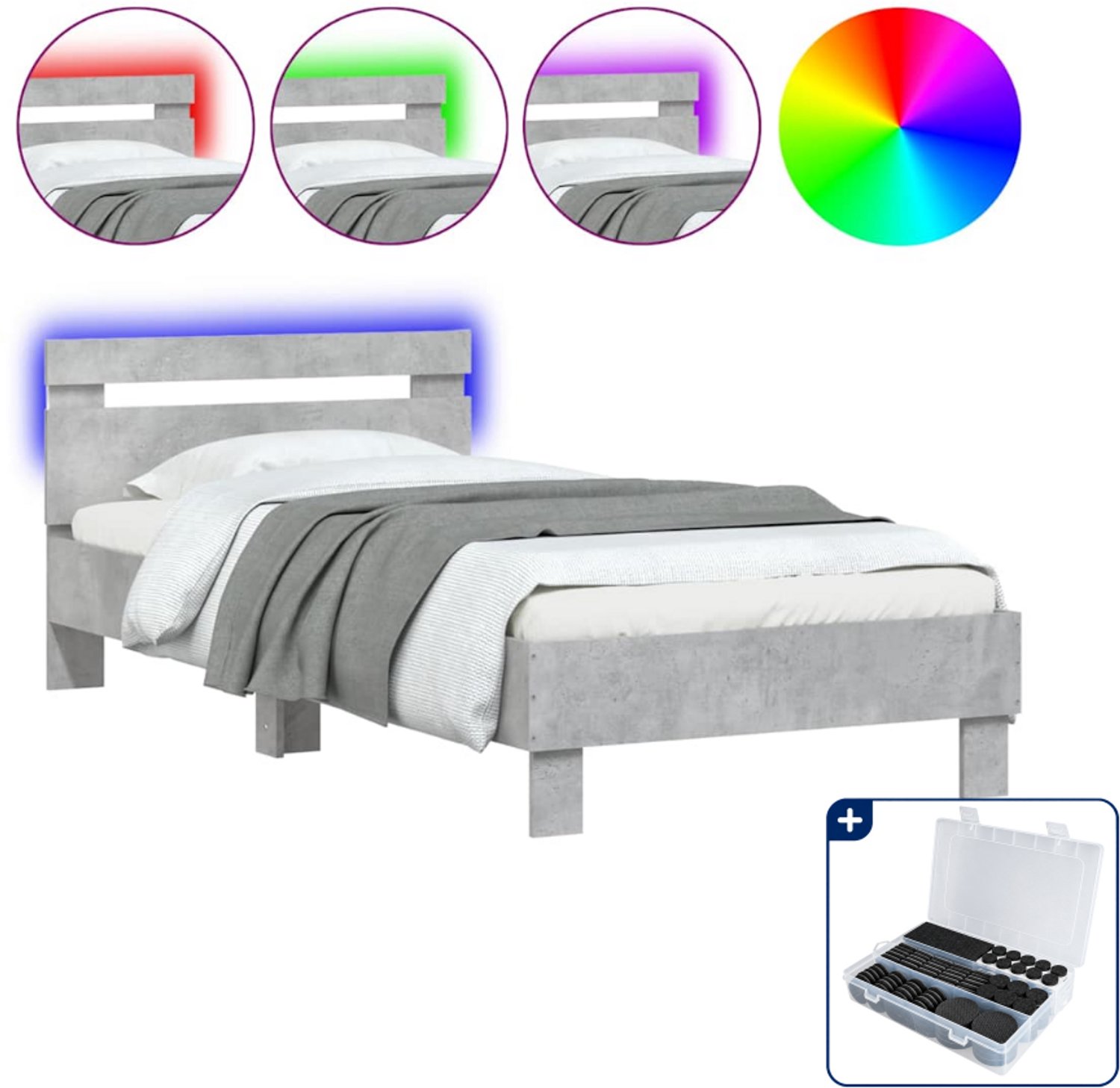 vidaXL bedframe met led - 90 x 190 cm - betongrijs - Inclusief antikrasvilt 177-delig