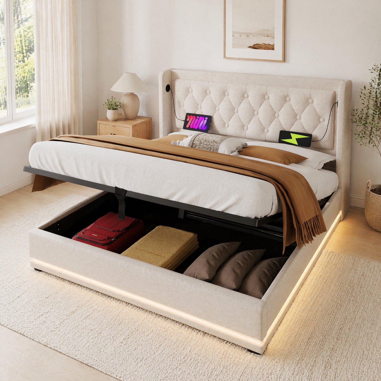 Maisentiel Gestoffeerd tweepersoonsbed 140 x 200 cm - beige - opbergruimte, LED en USB-C