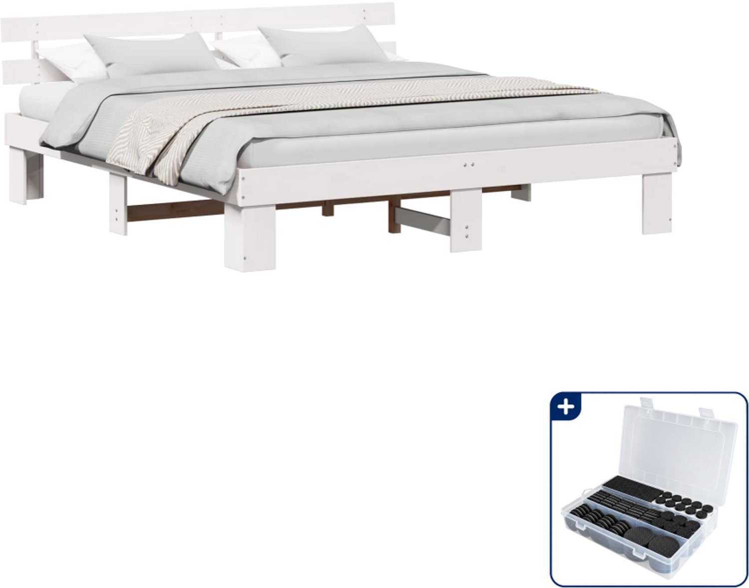 vidaXL Bedframe - Kingsize - 180 x 200 cm - massief grenenhout - wit - Inclusief antikrasvilt 177-delig