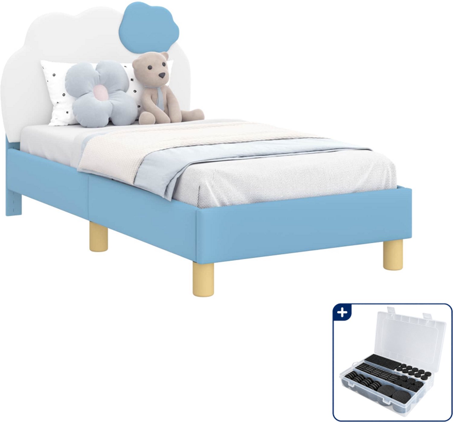 vidaXL peuterbedframe met hoofdbord - 70 x 140 cm - bewerkt hout - blauw - Inclusief antikrasvilt 177-delig