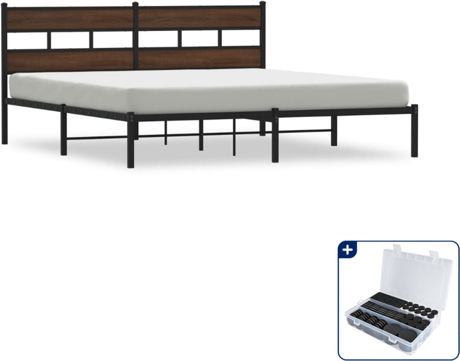 vidaXL bedframe met hoofdbord - 183 x 213 cm - staal - bruineiken - Inclusief antikrasvilt 177-delig