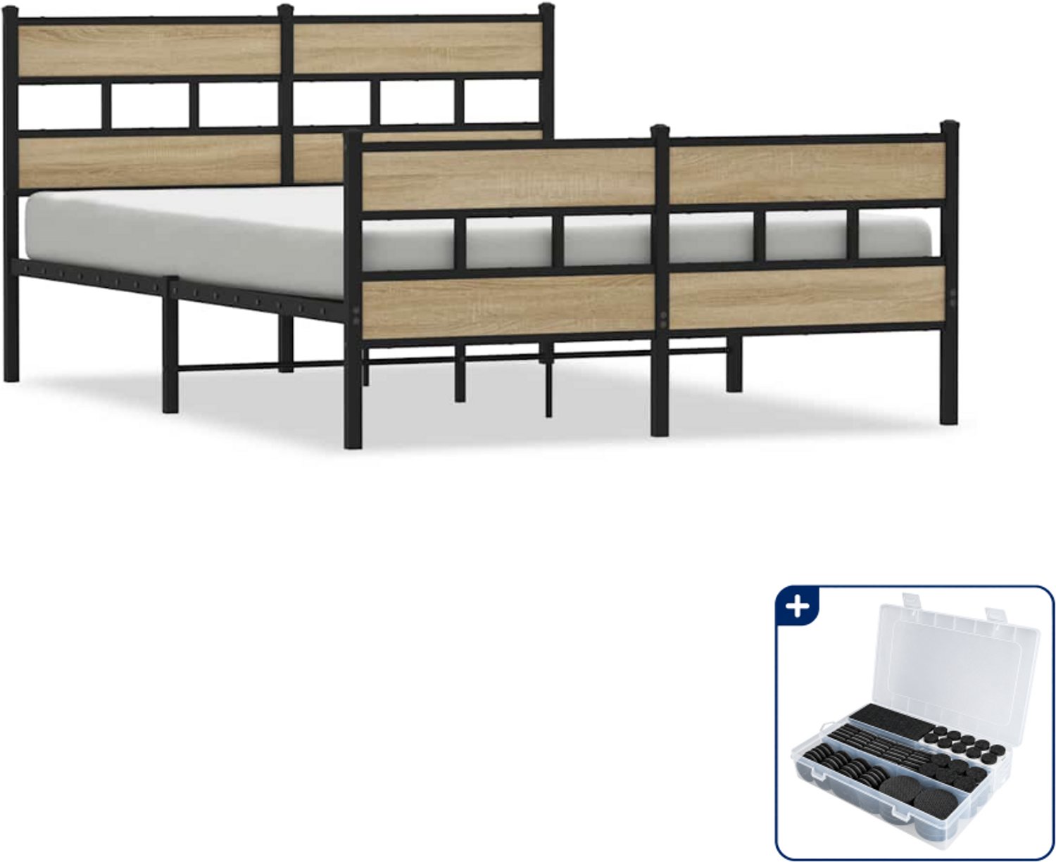 vidaXL Bedframe - 135 x 190 cm - zwart en sonoma eiken - Inclusief antikrasvilt 177-delig Bruin