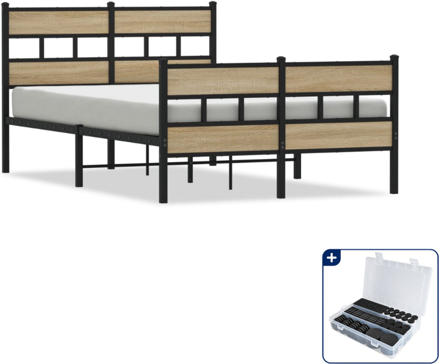 vidaXL Bedframe - 120 x 190 cm - metaal - zwart en sonoma eiken - Inclusief antikrasvilt 177-delig Bruin