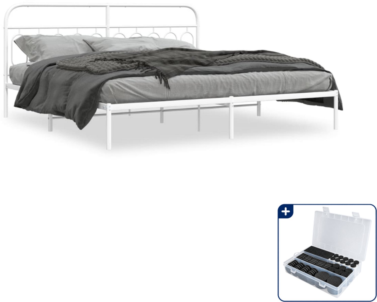 vidaXL bedframe met hoofdbord - 200 x 200 cm - staal - wit - Inclusief antikrasvilt 177-delig