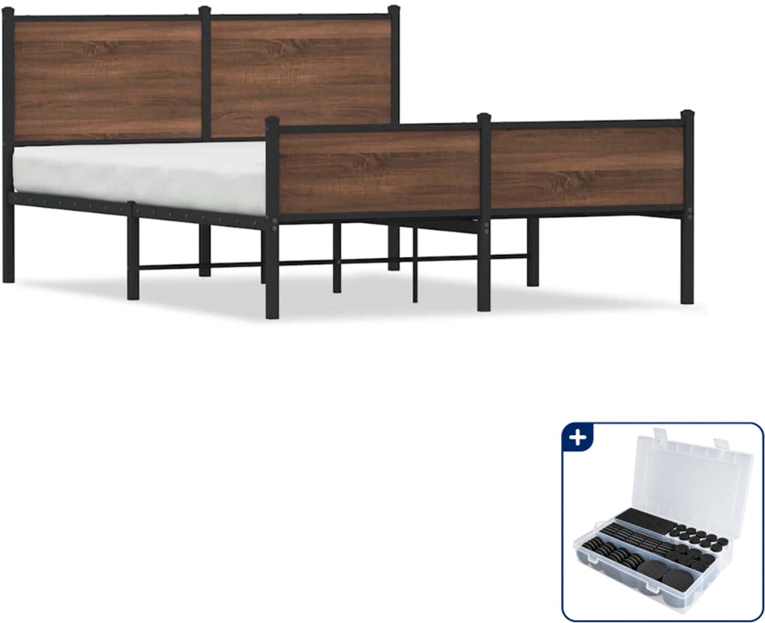 vidaXL bedframe - 140 x 190 cm - staal en bewerkt hout - bruineiken - Inclusief antikrasvilt 177-delig
