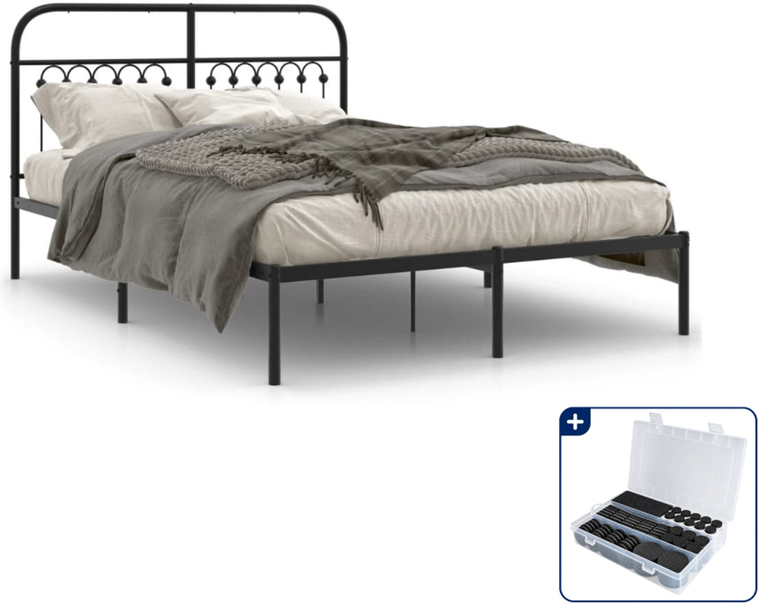 vidaXL bedframe - Small double 140 x 200 cm - metaal - zwart - Inclusief antikrasvilt 177-delig