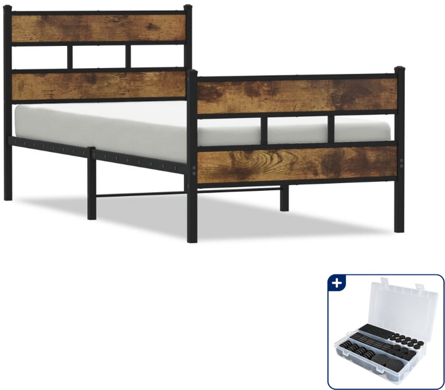 vidaXL Bedframe - 80 x 200 cm - metaal en bewerkt hout - zwart - Inclusief antikrasvilt 177-delig Bruin