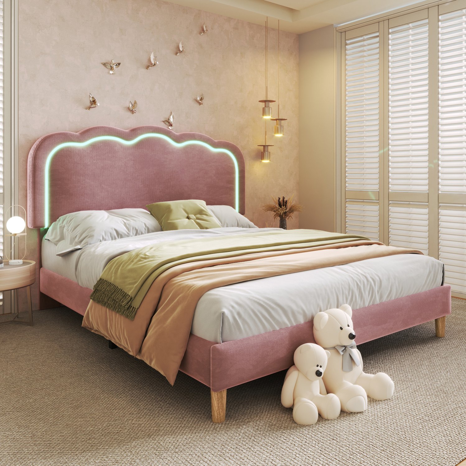 Maisentiel Gestoffeerd tweepersoonsbed 140 x 200 cm - Roze fluweel - LED en verstelbaar hoofdeinde