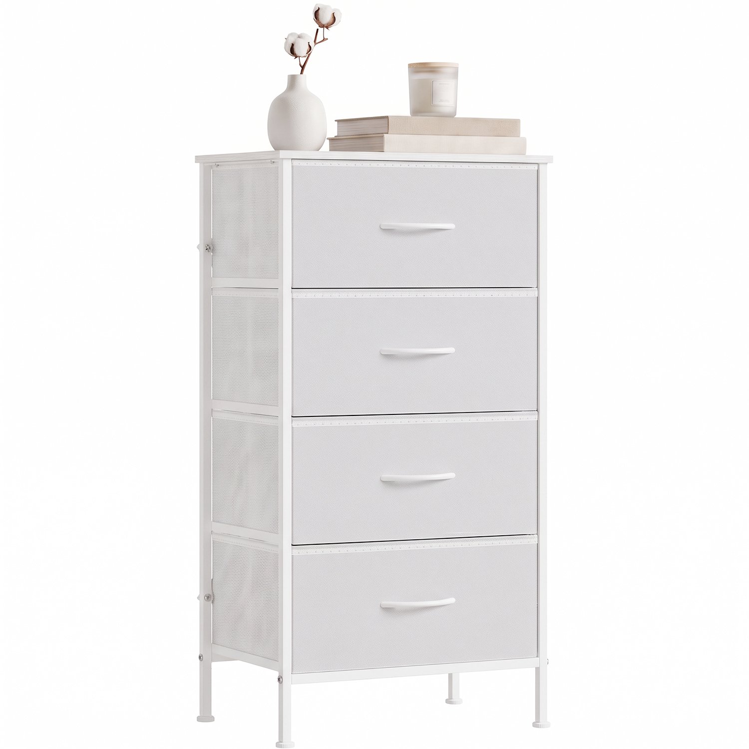 AIMASON Ladekast - Ladenkastje - Smalle ladekast met 4 stoffen lades - 45 x 30 x 91 cm - wit metalen frame - MDF-bovenblad met reliëf - verstelbare voetjes - voor slaapkamer en hal