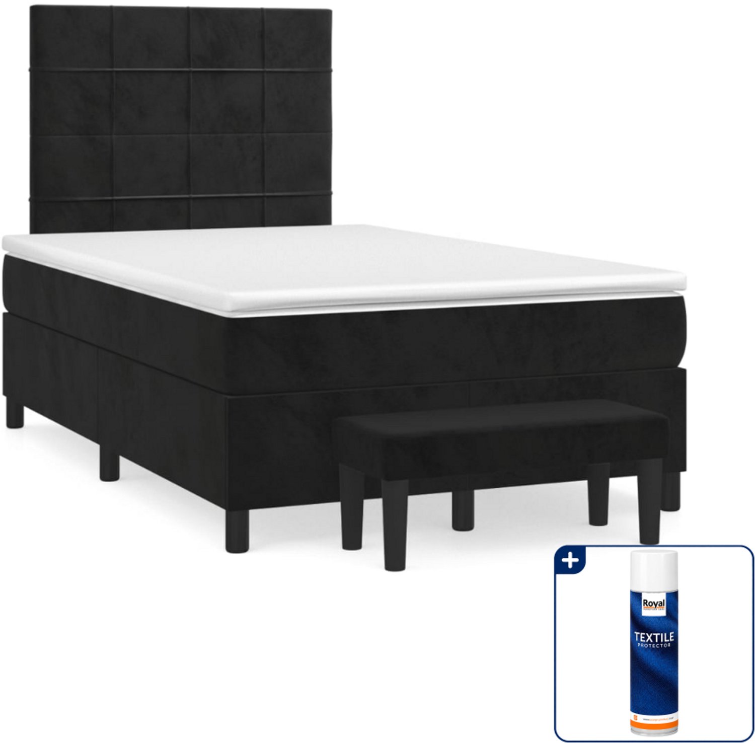vidaXL boxspring met matras en bankje - 120 x 200 cm - fluweel - zwart - Inclusief textielbeschermer 500 ml