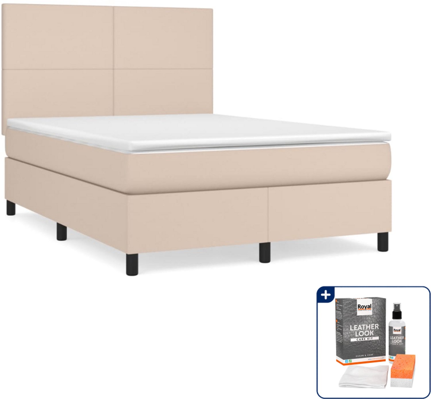 vidaXL boxspring met matras 140 x 190 cm - kunstleer - cappuccino - Inclusief onderhoudsset voor kunstleer 150 ml Bruin