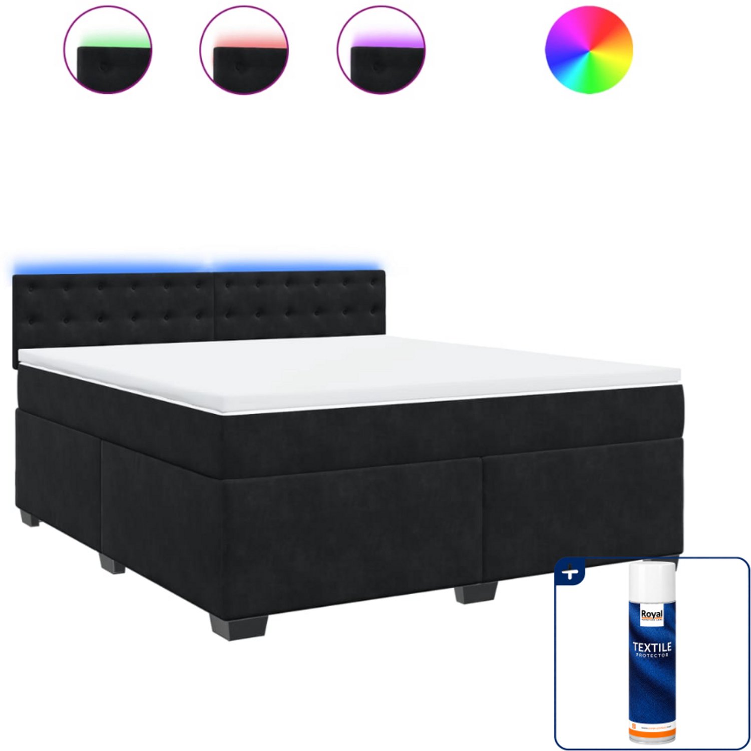 vidaXL boxspring met matras - Kingsize - 180 x 200 cm - fluweel - zwart - Inclusief textielbeschermer 500 ml