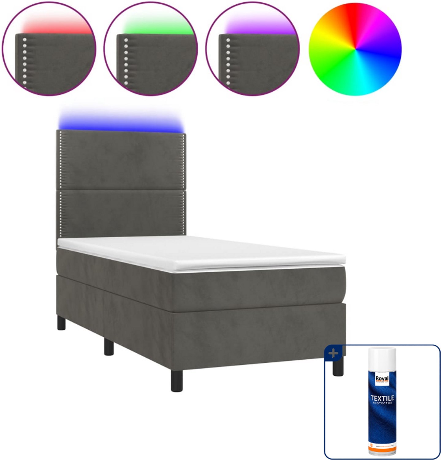 vidaXL boxspring met matras en LED - 80 x 200 cm - fluweel - donkergrijs - Inclusief textielbeschermer 500 ml