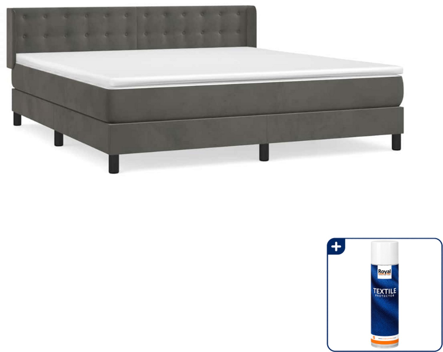 vidaXL boxspring met matras - Queensize - 160 x 200 cm - fluweel - donkergrijs - Inclusief textielbeschermer 500 ml