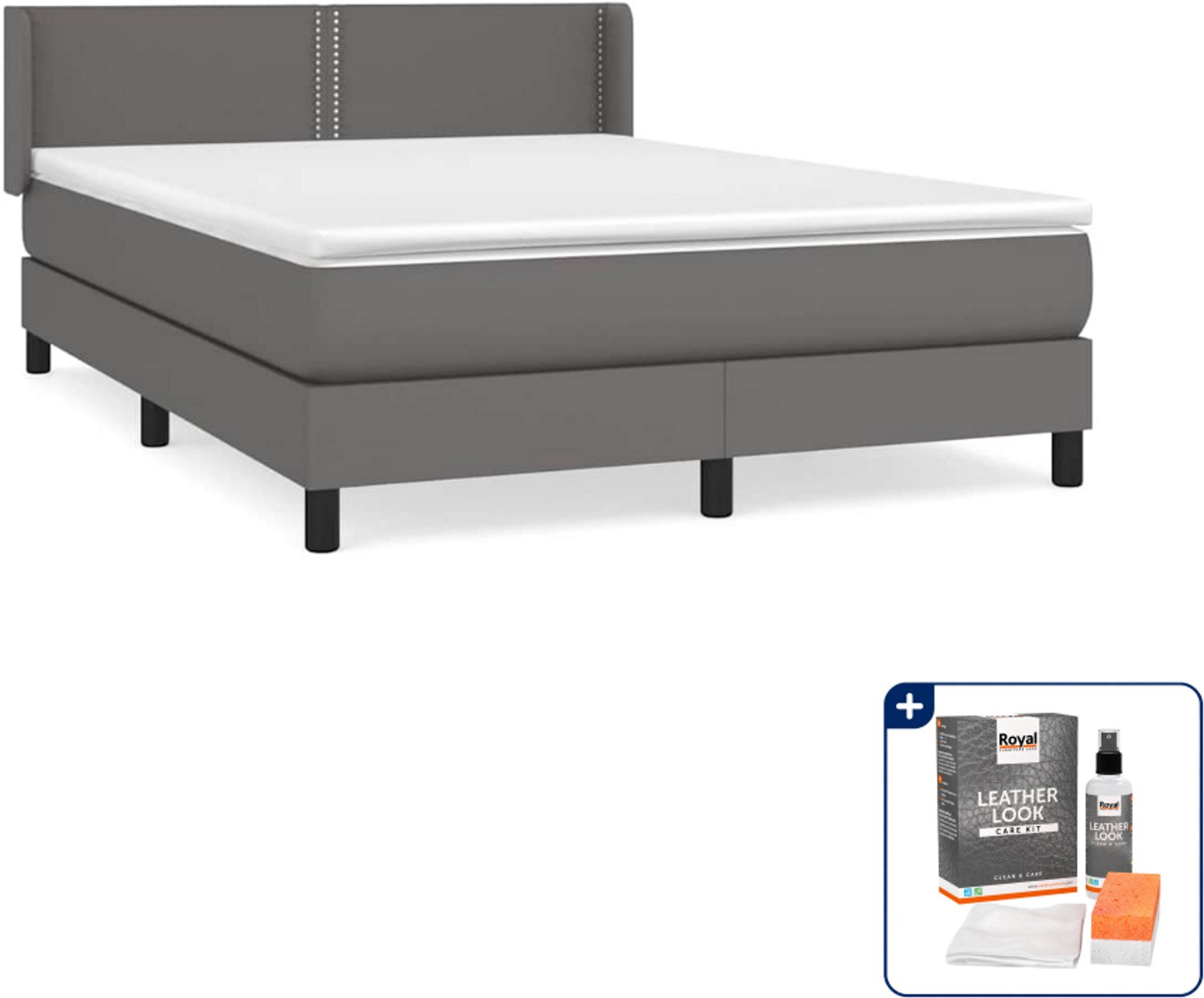 vidaXL boxspring met matras 140 x 190 cm - kunstleer - grijs - Inclusief onderhoudsset voor kunstleer 150 ml