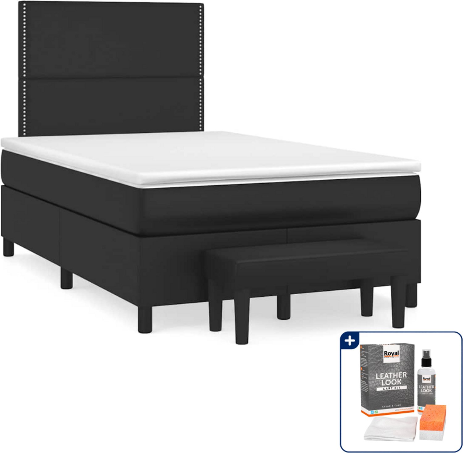 vidaXL boxspring met matras en bankje - 120 x 190 cm - zwart - Inclusief onderhoudsset voor kunstleer 150 ml