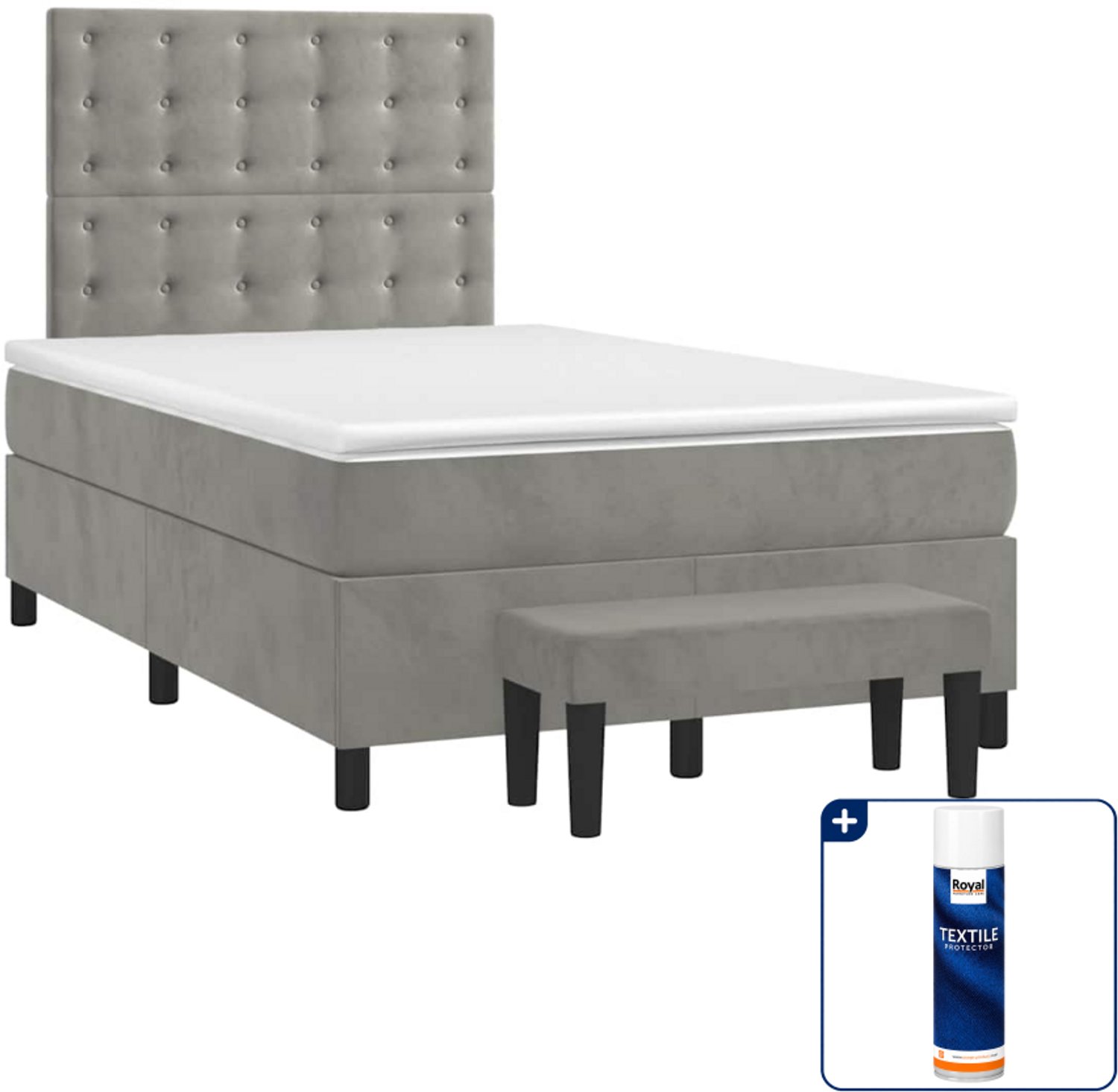 vidaXL boxspring met matras en bankje - 120 x 190 cm - fluweel - lichtgrijs - Inclusief textielbeschermer 500 ml