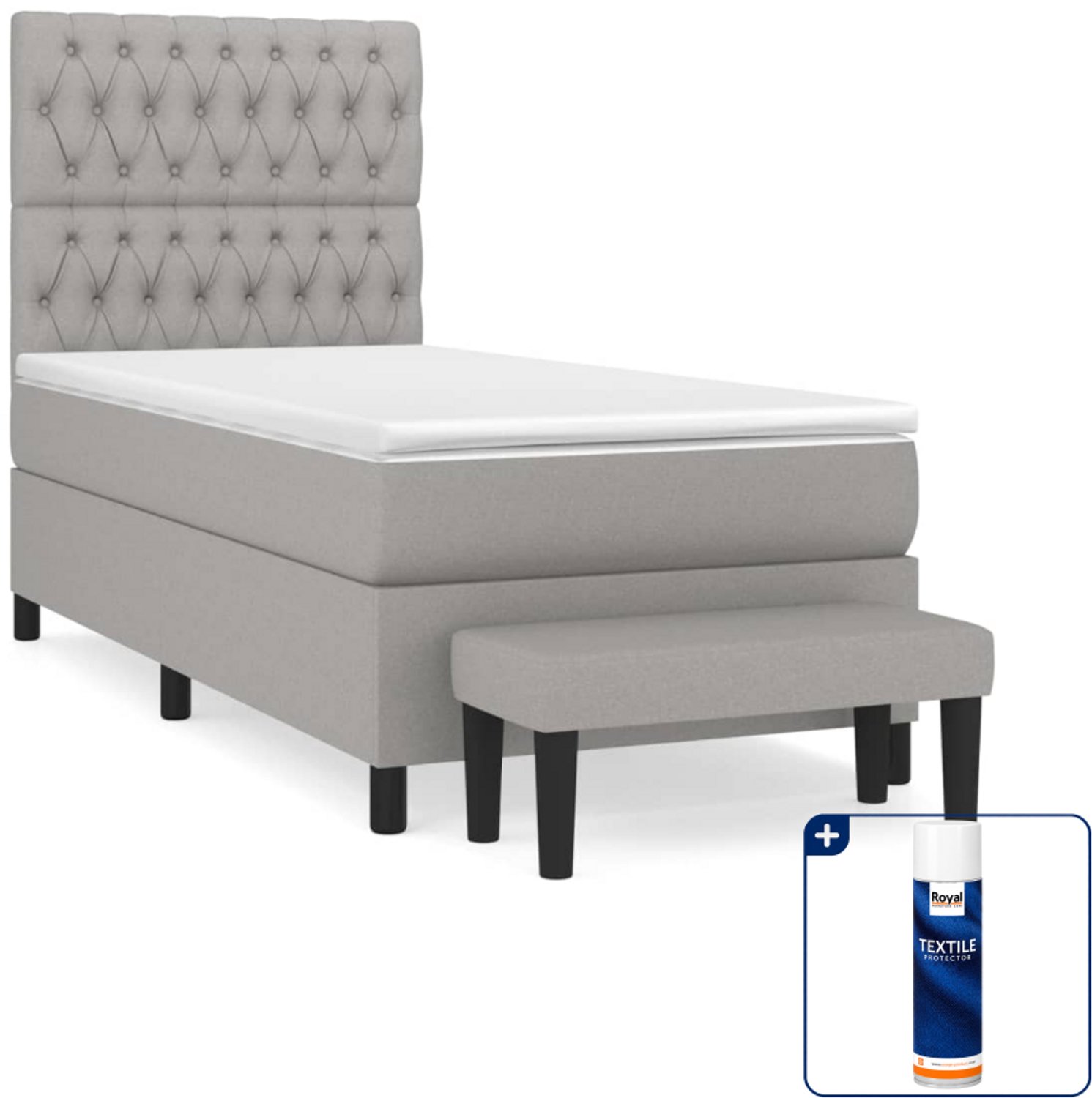 vidaXL boxspring met matras en bankje - 90 x 200 cm - lichtgrijs - Inclusief textielbeschermer 500 ml