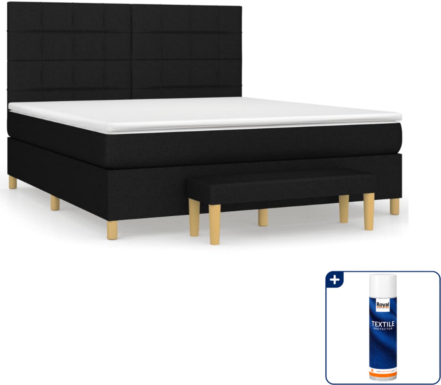 vidaXL Kingsize boxspring met matras en bankje - 180 x 200 cm - zwart - Inclusief textielbeschermer 500 ml