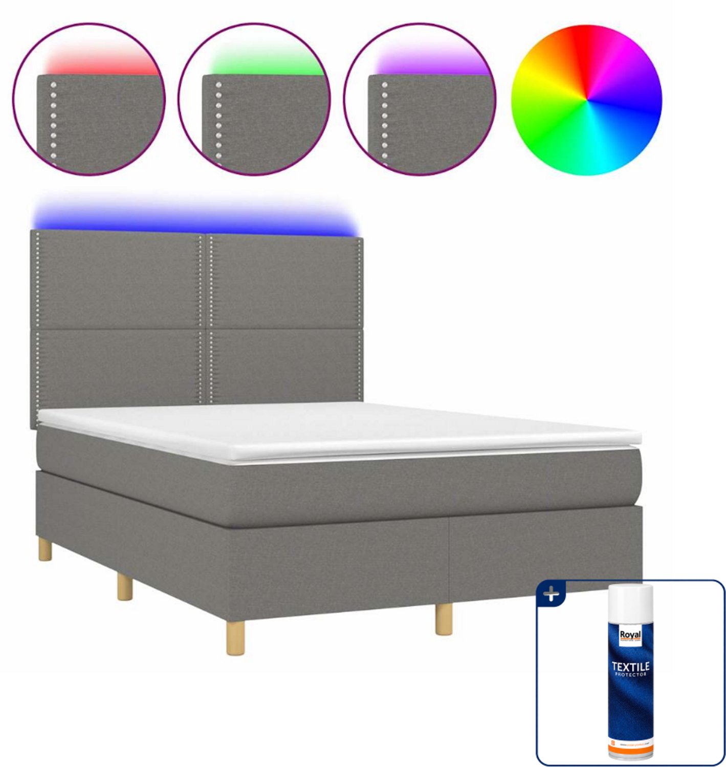 vidaXL boxspring met matras en led - 140 x 190 cm - donkergrijs - Inclusief textielbeschermer 500 ml