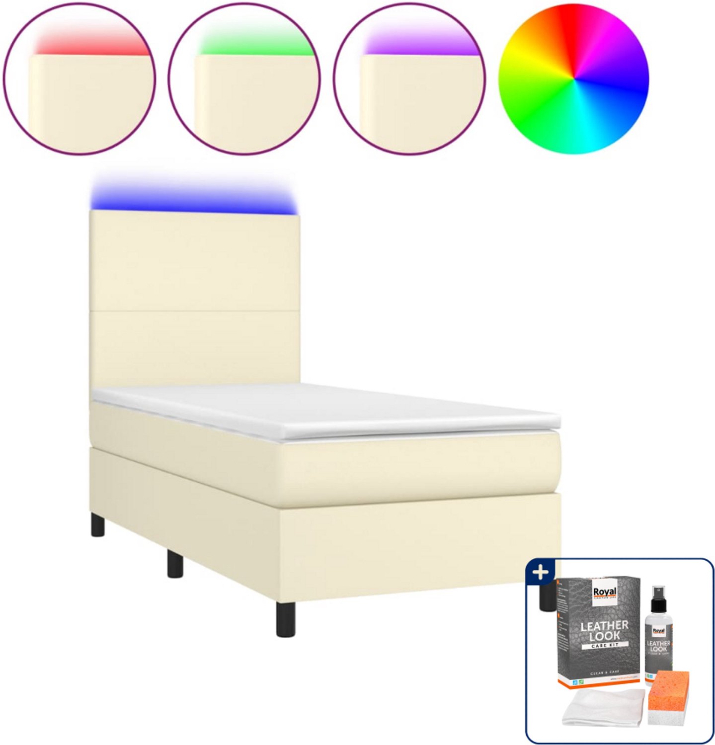 vidaXL Boxspring met matras en LED - 90 x 200 cm - kunstleer - crème - Inclusief onderhoudsset voor kunstleer 150 ml