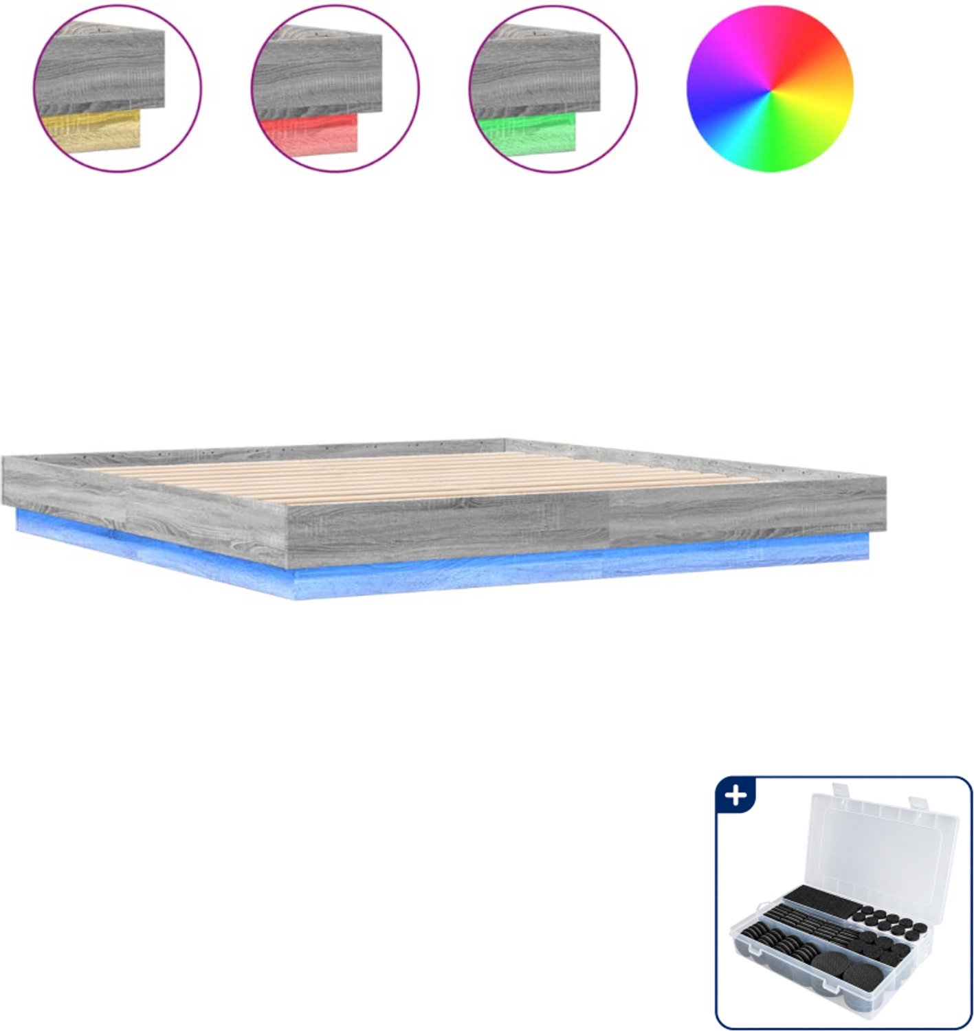 vidaXL bedframe Kingsize - 180 x 200 cm - grijs sonoma eiken - Inclusief antikrasvilt 177-delig Roze