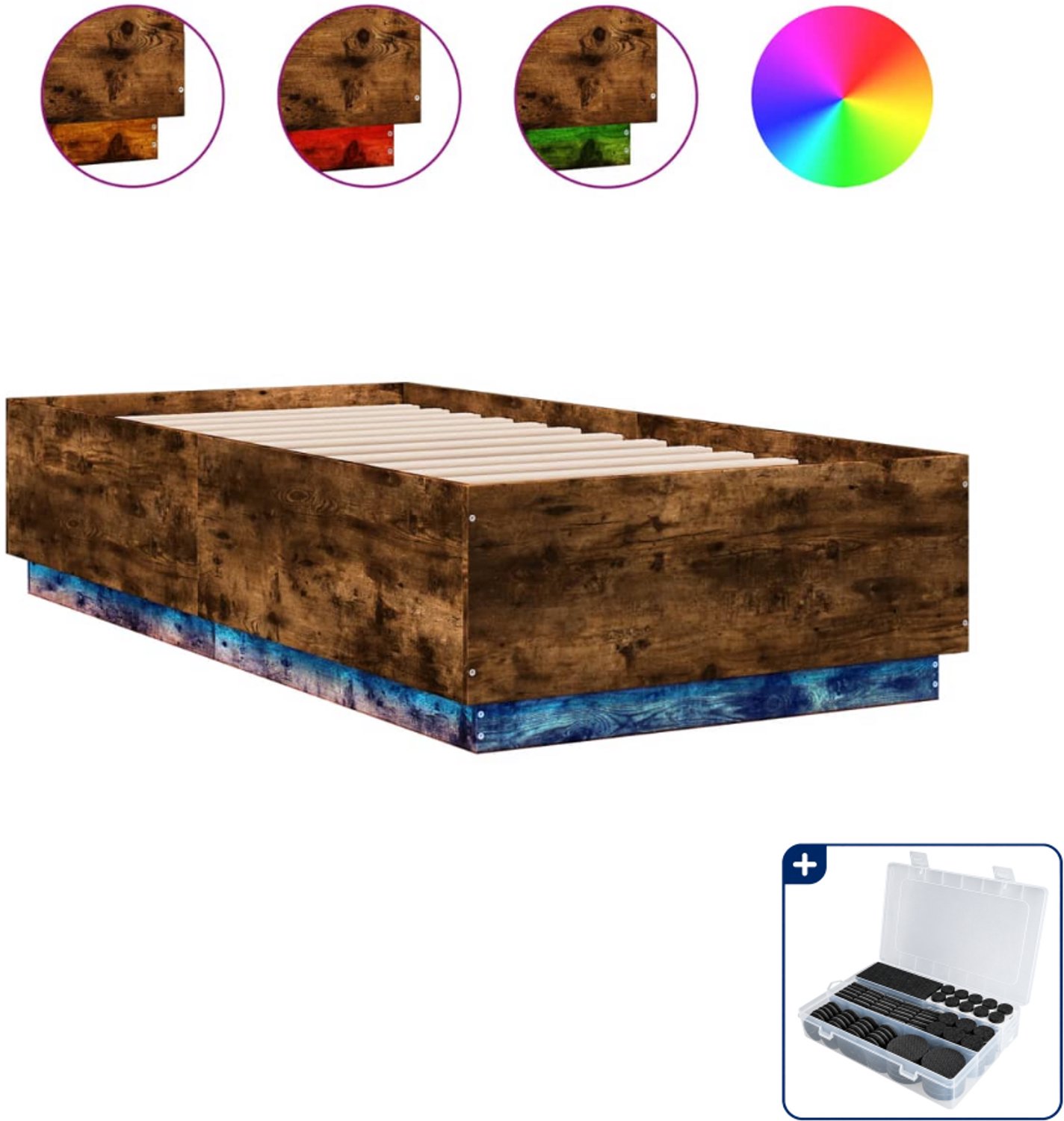 vidaXL bedframe met led - 75 x 190 cm - bewerkt hout - gerookt eiken - Inclusief antikrasvilt 177-delig