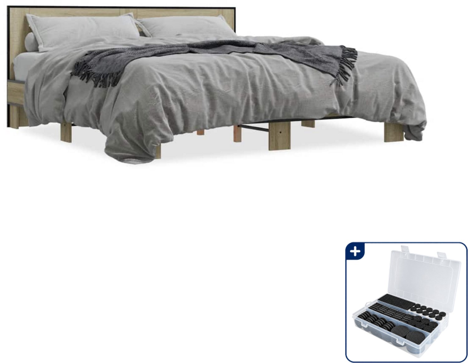 vidaXL bedframe - 200 x 200 cm - sonoma eiken - Inclusief antikrasvilt 177-delig Zwart
