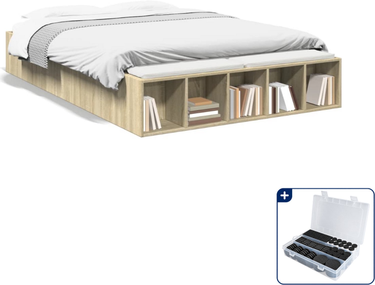 vidaXL bedframe - 135 x 190 cm - bewerkt hout - sonoma eiken - Inclusief antikrasvilt 177-delig Bruin