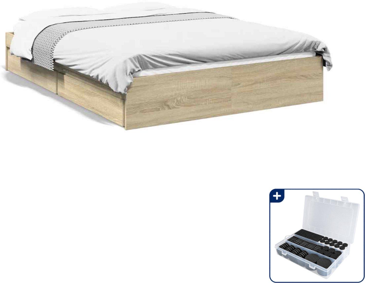vidaXL bedframe met lades - 135 x 190 cm - bewerkt hout - sonoma eiken - Inclusief antikrasvilt 177-delig Bruin
