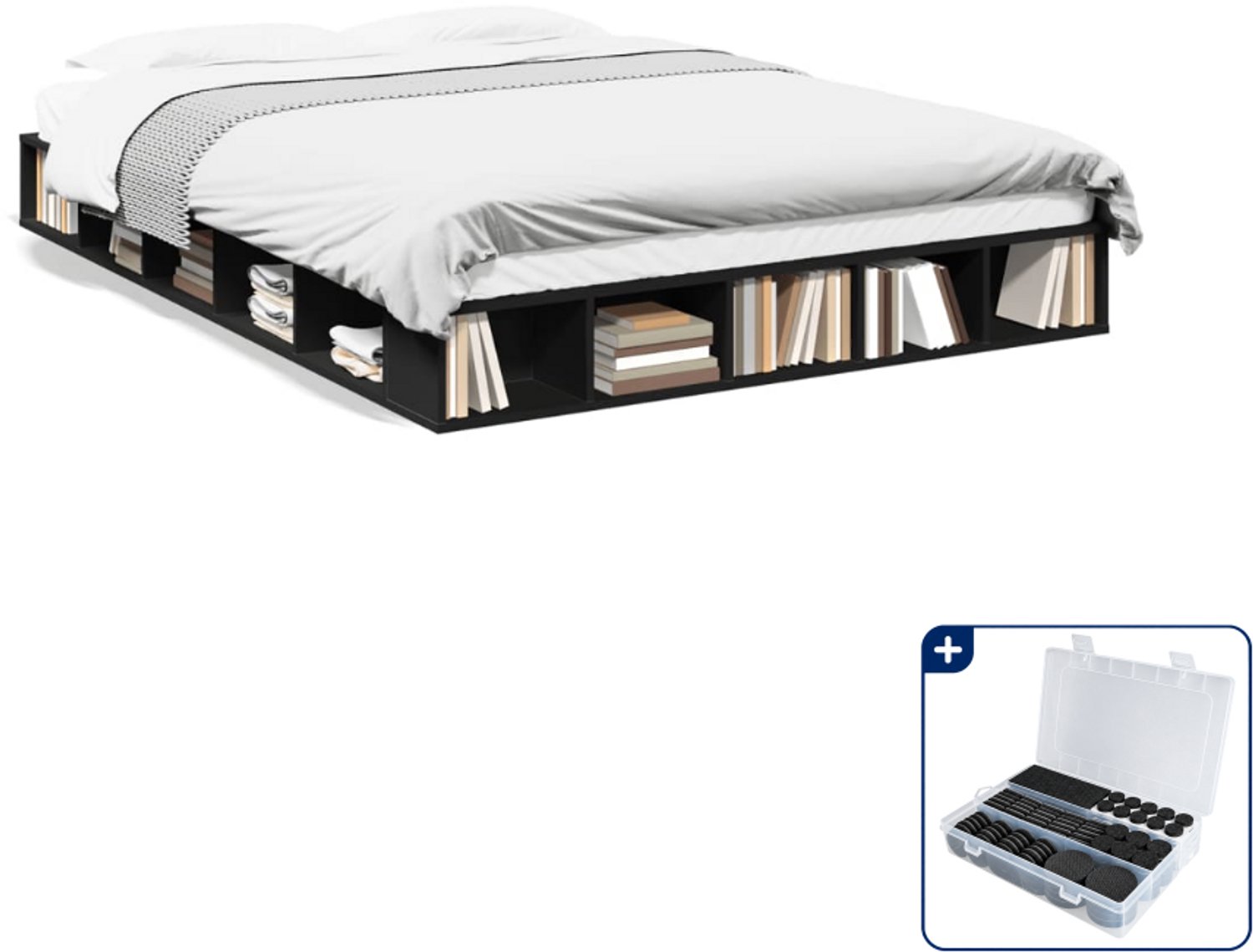 vidaXL Queensize bedframe 160 x 200 cm - bewerkt hout - zwart - Inclusief antikrasvilt 177-delig Wit