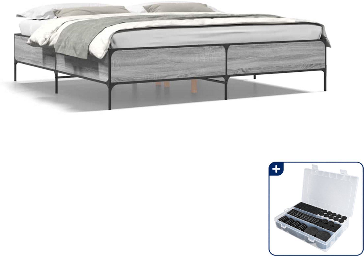 vidaXL Kingsize bedframe 180 x 200 cm - grijs sonoma eiken - Inclusief antikrasvilt 177-delig Zwart