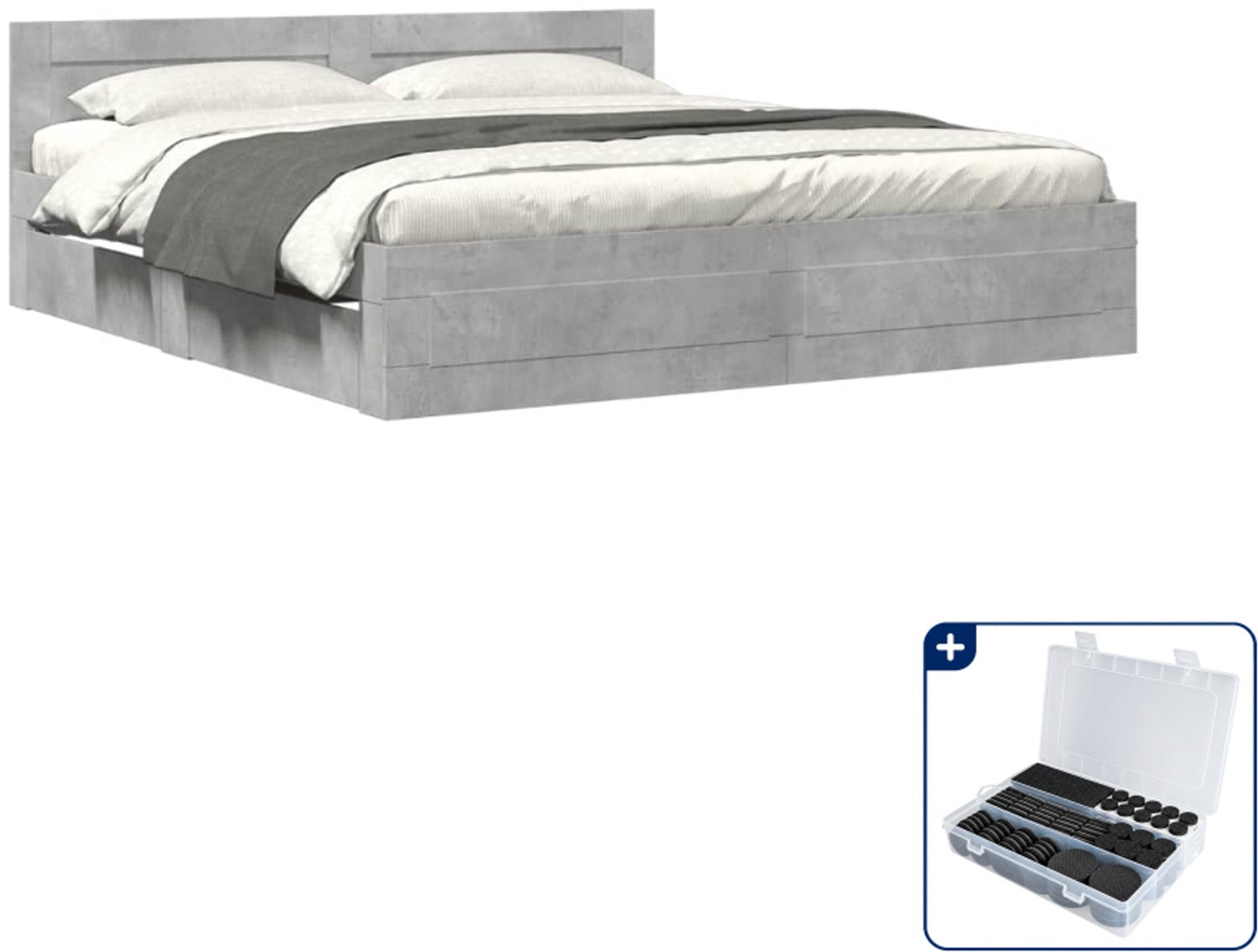 vidaXL bedframe met hoofdeinde - 200 x 200 cm - bewerkt hout - betongrijs - Inclusief antikrasvilt 177-delig Wit