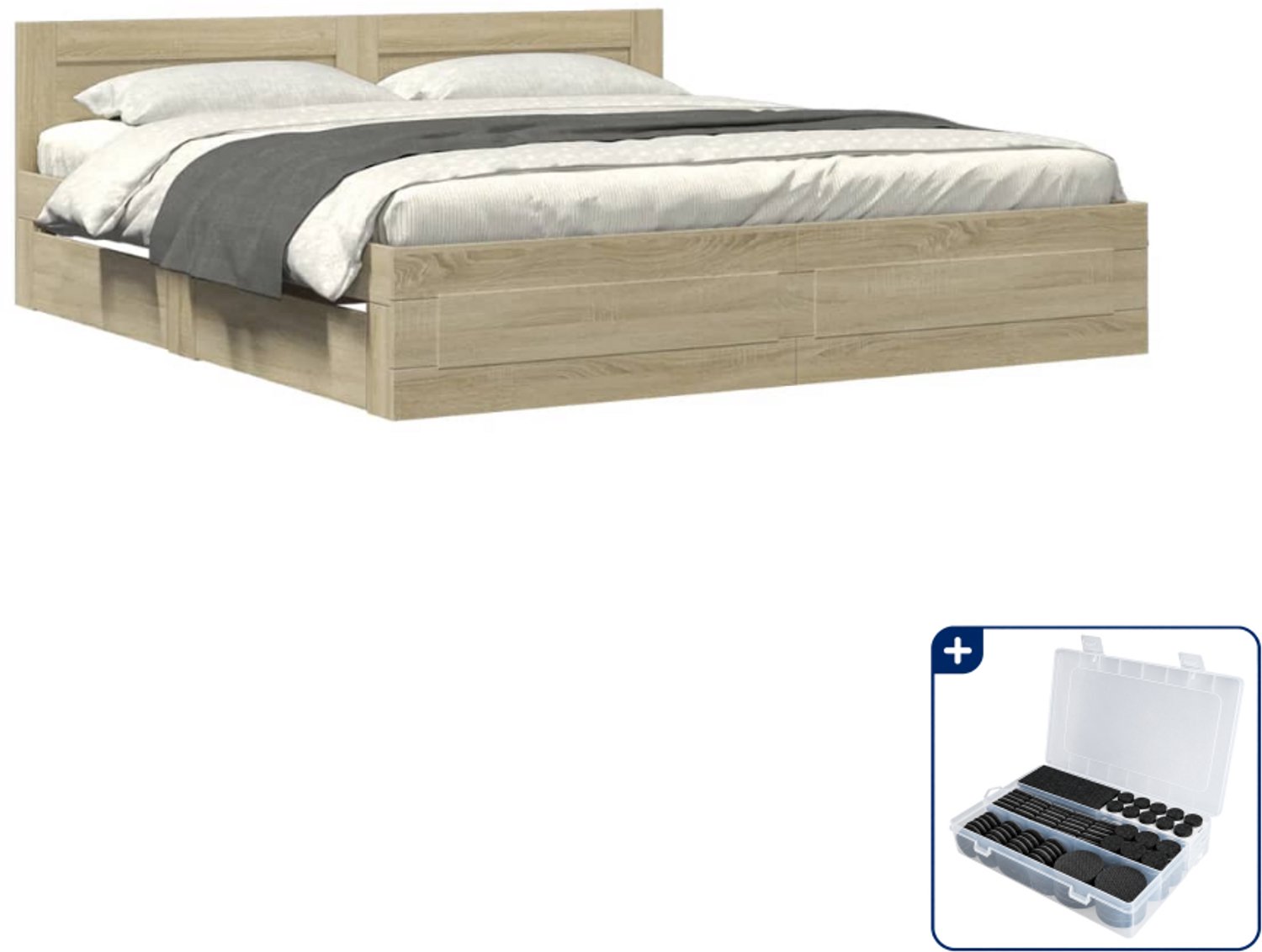 vidaXL bedframe met hoofdeinde - 200 x 200 cm - bewerkt hout - sonoma eiken - Inclusief antikrasvilt 177-delig Bruin