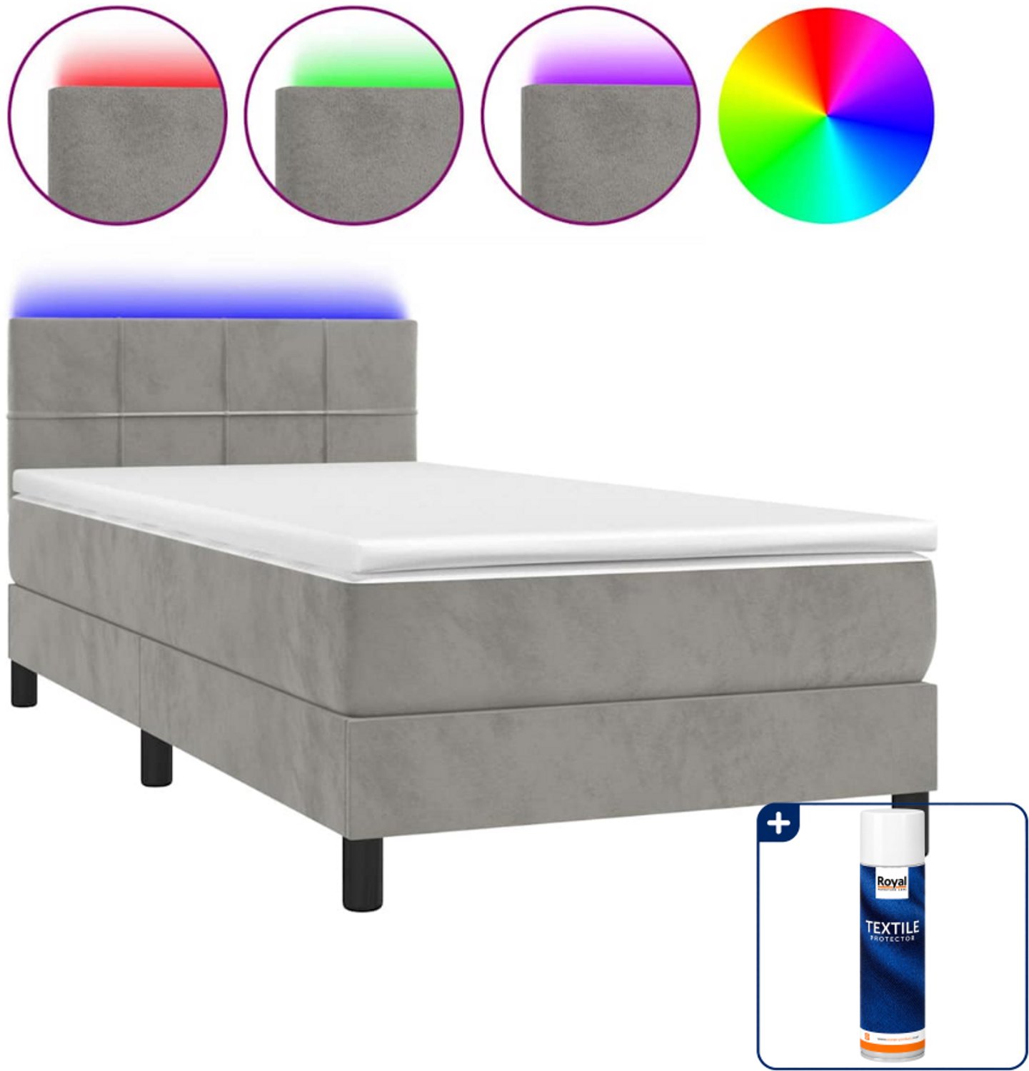 vidaXL boxspring met matras en led - 90 x 200 cm - fluweel - lichtgrijs - Inclusief textielbeschermer 500 ml