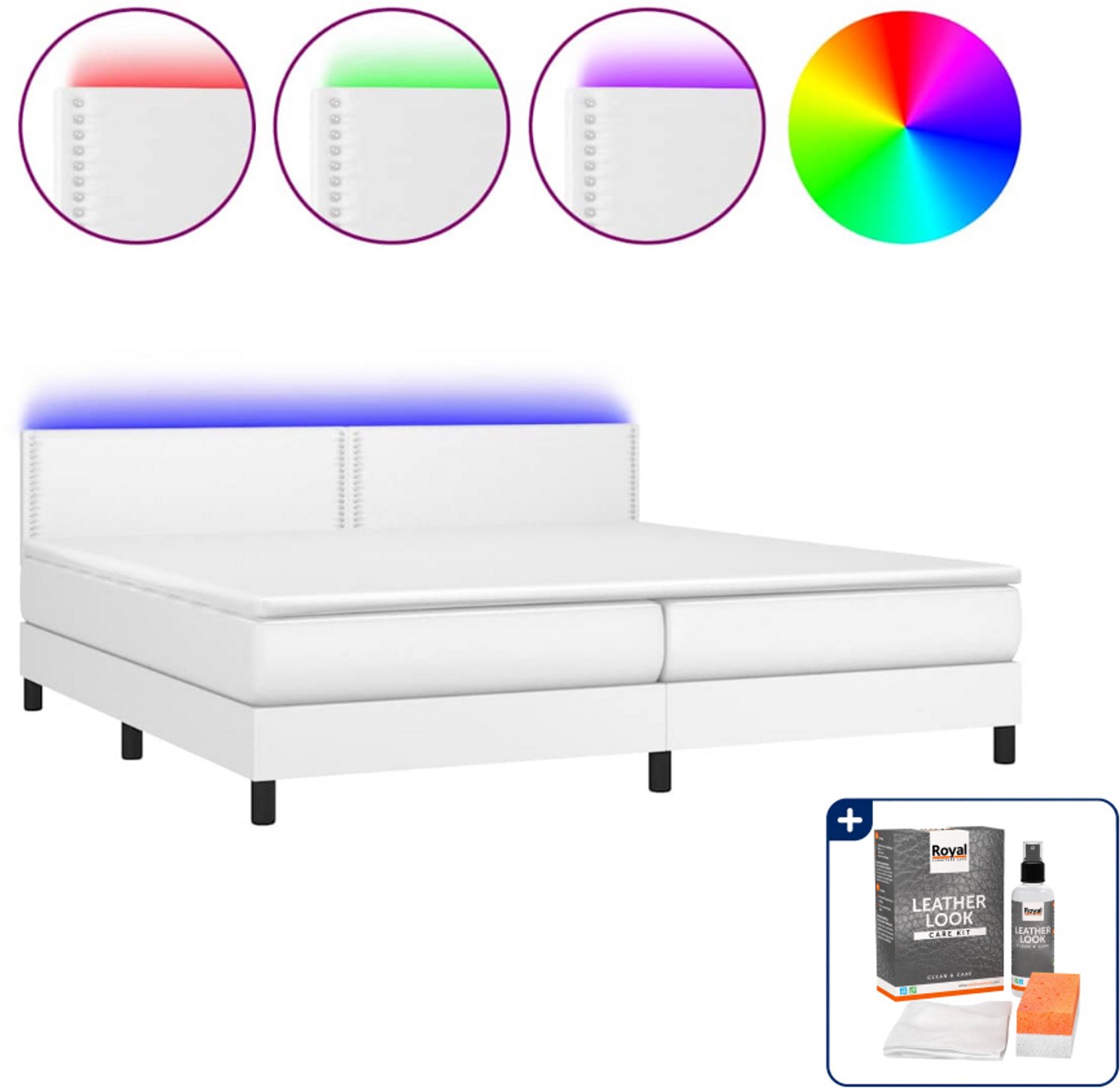 vidaXL Boxspring met matras en LED - 200 x 200 cm - kunstleer - wit - Inclusief onderhoudsset voor kunstleer 150 ml