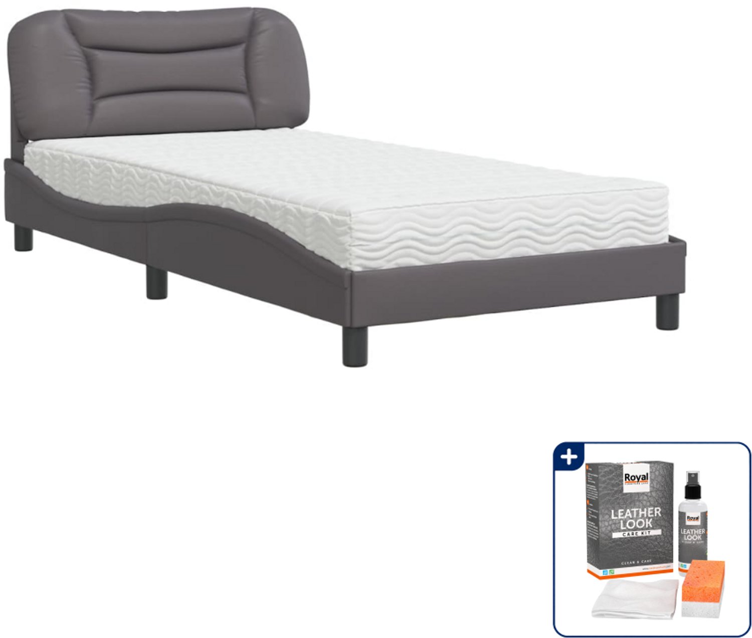 vidaXL Hvar bed met matras - 100 x 200 cm - kunstleer - grijs - Inclusief onderhoudsset voor kunstleer 150 ml Zwart