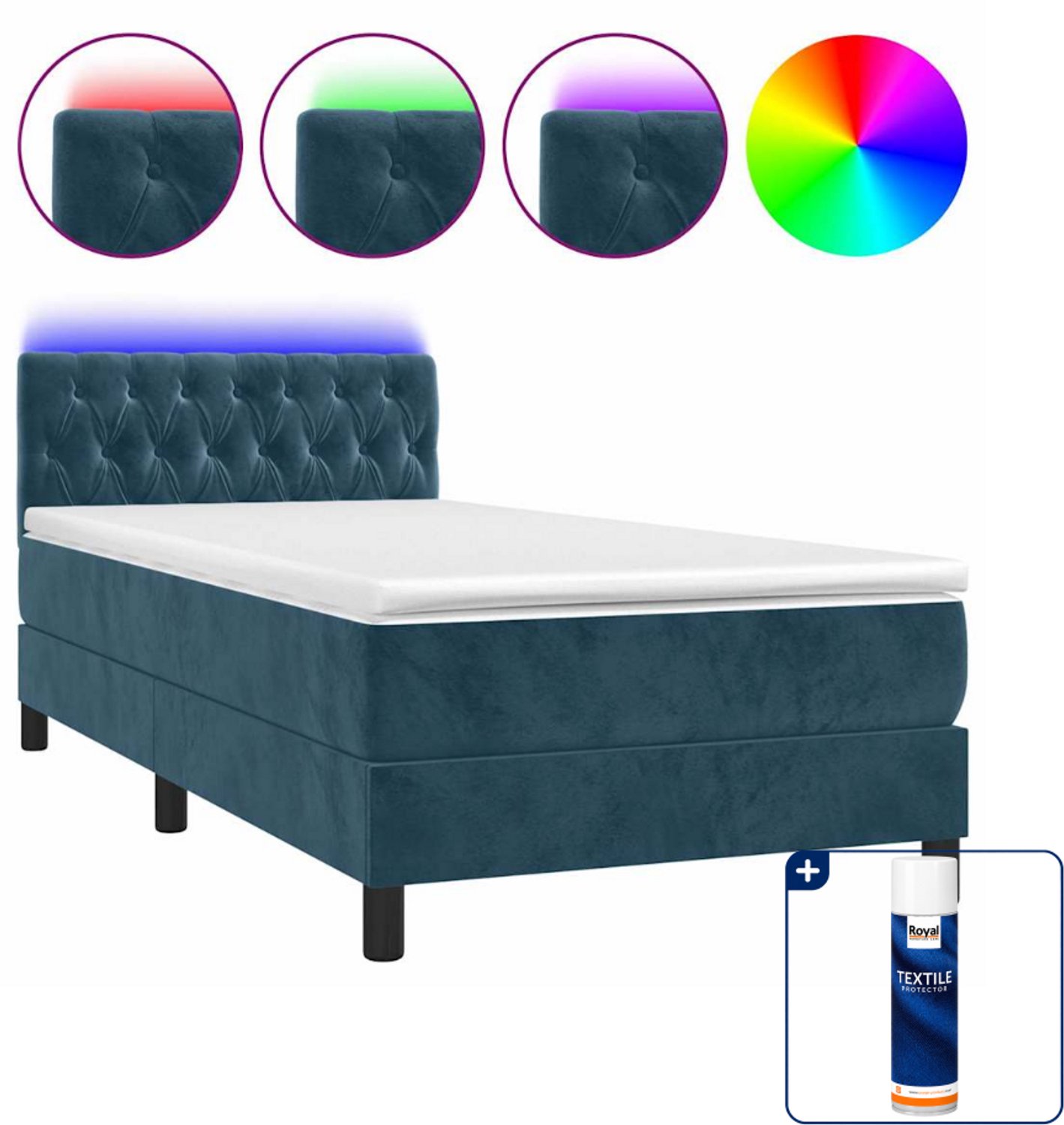 vidaXL boxspring met matras en led - 100 x 200 cm - fluweel - donkerblauw - Inclusief textielbeschermer 500 ml