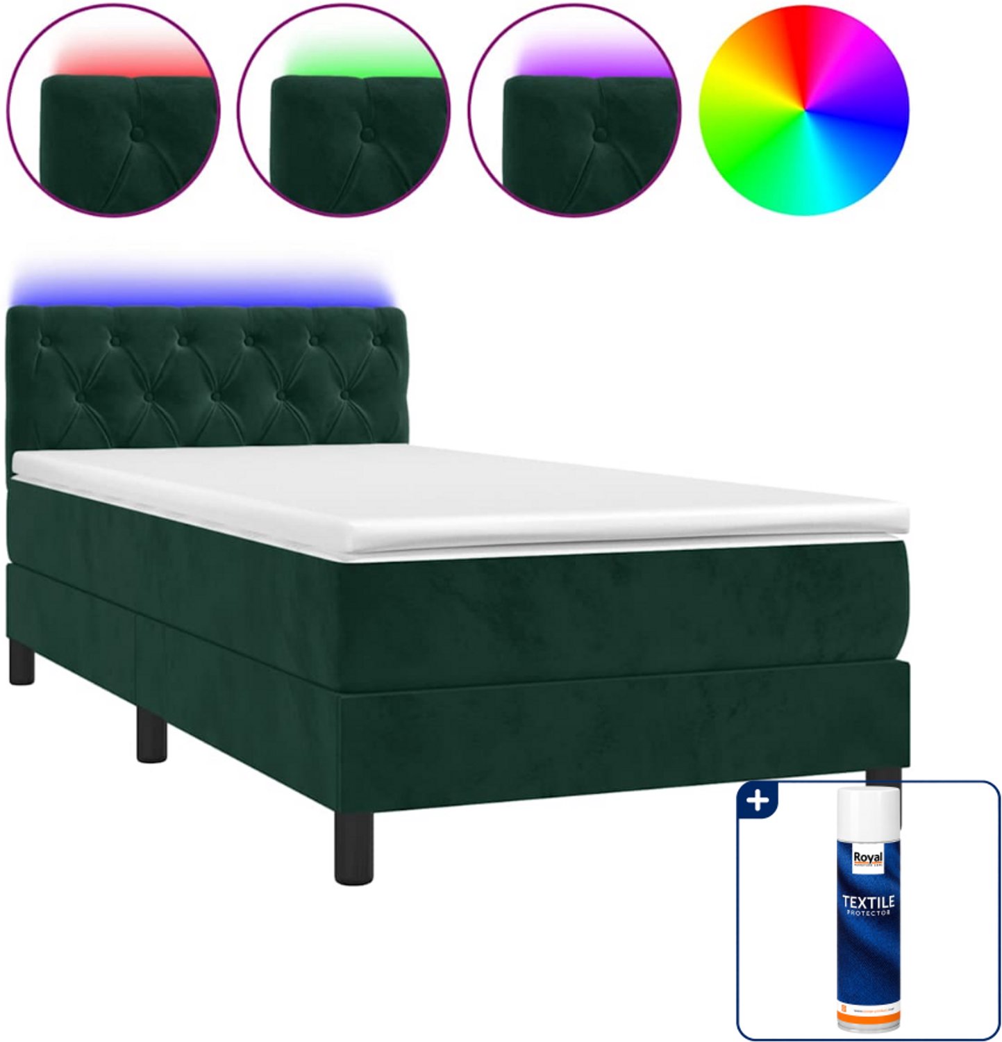 vidaXL boxspring met matras en led - 80 x 200 cm - fluweel - donkergroen - Inclusief textielbeschermer 500 ml